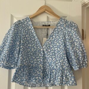 Zara Light Blue Floral V-Neck Peplum Crop Top